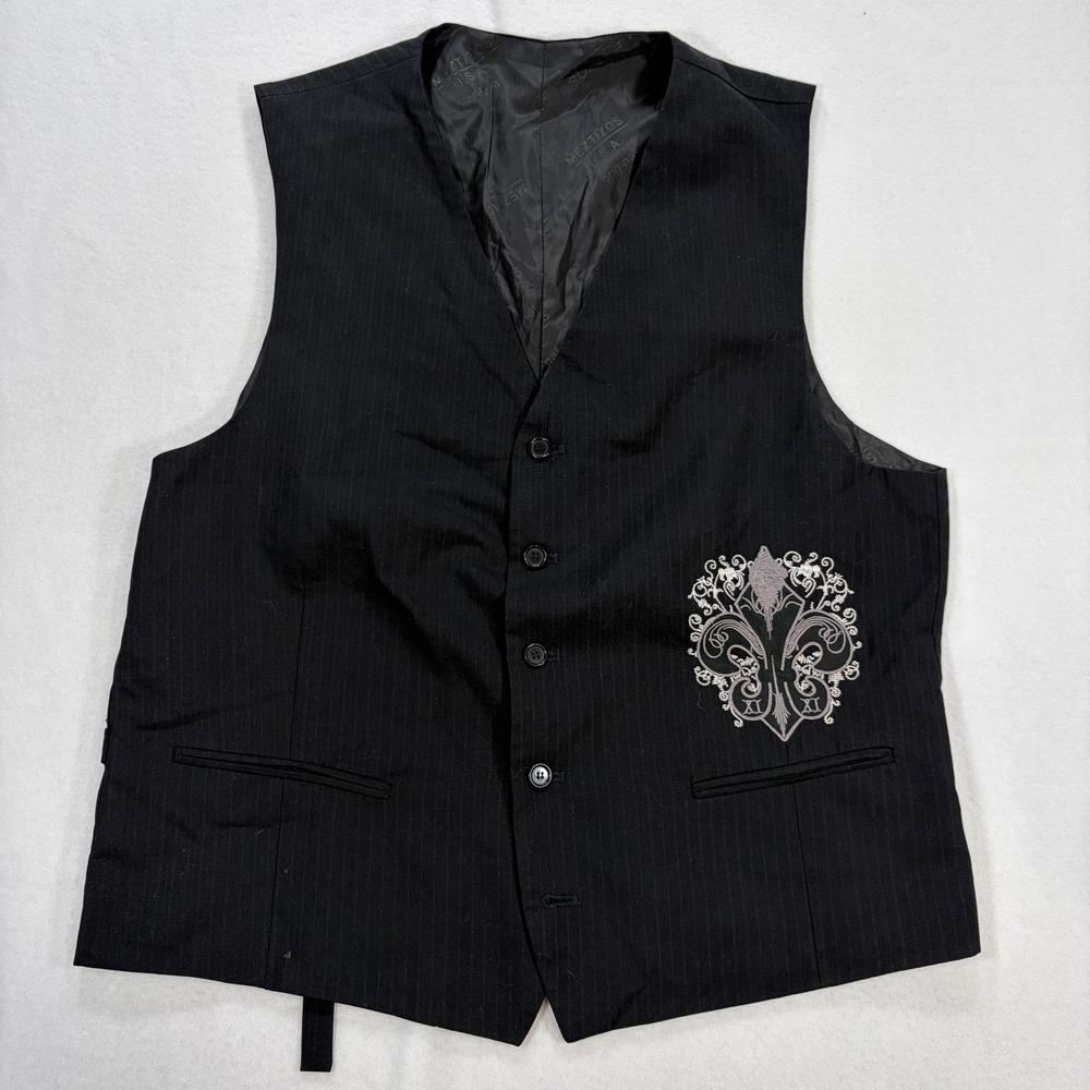 Meztizos Mens 44 Black Pinstripe Embroidered Fleur De Lis Vest Western Gothic